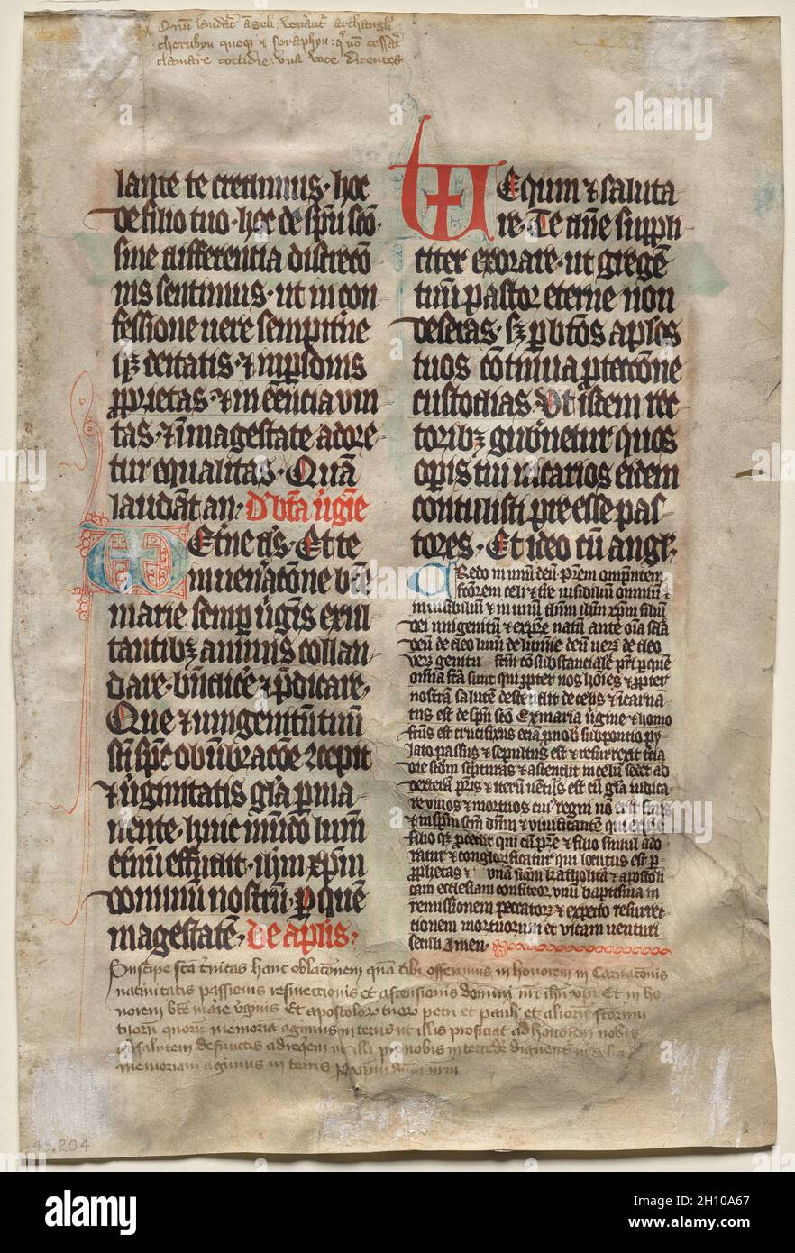 Leaf from a Missal: Text (verso), c. 1330-40. Bohemia. Ink, tempera, and gold leaf on parchment; sheet: 35.4 x 23.5 cm (13 15/16 x 9 1/4 in.).  The crucified Christ was a central theme of medieval visual art. Each period set its own artistic and iconographic priorities, depending on the function and context of the works. For example, the dead Christ with his head bowed, the side wound dripping with blood, and the richly designed loincloth is characteristic of the 1300s. This miniature is localized to Bohemia (present-day Czech Republic and Slovakia), with its capital Prague as a leading art ce Stock Photo