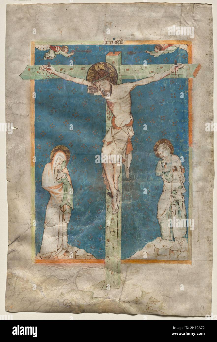 Leaf from a Missal: The Crucifixion (recto), c. 1330-40. Bohemia. Ink, tempera, and gold leaf on parchment; sheet: 35.4 x 23.5 cm (13 15/16 x 9 1/4 in.).  The crucified Christ was a central theme of medieval visual art. Each period set its own artistic and iconographic priorities, depending on the function and context of the works. For example, the dead Christ with his head bowed, the side wound dripping with blood, and the richly designed loincloth is characteristic of the 1300s. This miniature is localized to Bohemia (present-day Czech Republic and Slovakia), with its capital, Prague, as a l Stock Photo