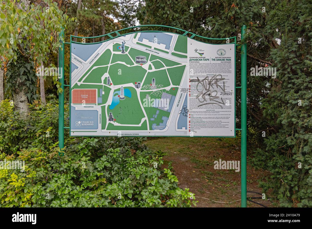 Novi Sad, Serbia - September 21, 2021: Map of Danube Park Natural Monument in Novi Sad. Stock Photo