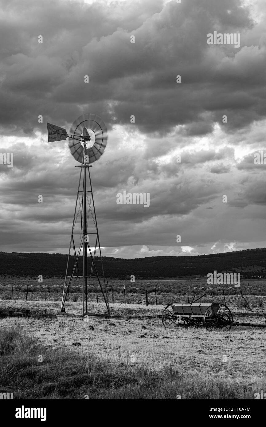 Aermotor wind pump in Lassen County, California, USA.  It is in a field just a few miles south of the community of Madeline. Stock Photo