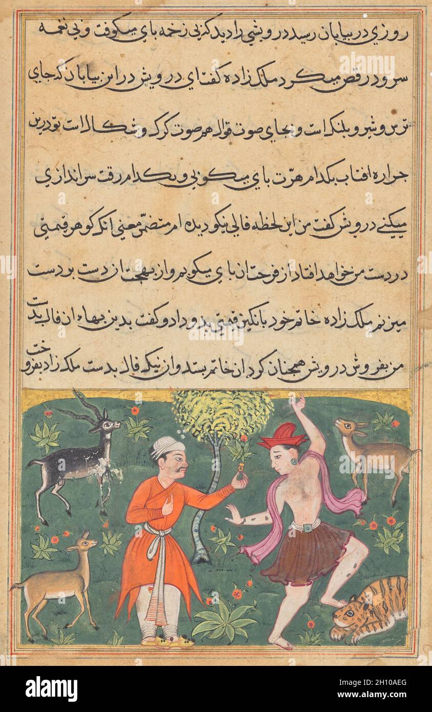 the prince meets a carefree dancing dervish whose good fortune he purchases for his ring from a tuti nama tales of a parrot eighteenth night c 1560 mughal india court of akbar reigned 15561605 gum tempera ink and gold on paper overall 203 x 14 cm 8 x 5 12 in painting only 69 x 105 cm 2 1116 x 4 18 in the prince in the orange tunic had been exiled by his older brother who inherited the throne so he decided to travel the country in a wilderness he met a dancing dervish to whom wild animals seemed mystically drawn the deer are unconcerned about the tiger nearb 2H10AEG