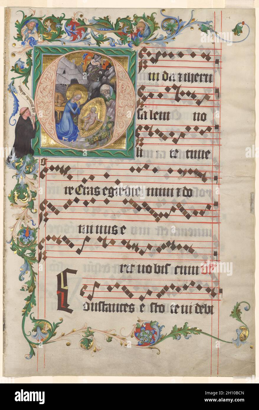 Bifolio from an Antiphonary: Historiated Initial O with the Nativity, early 1400s. Bohemia, Prague, 15th century. Ink, tempera, and gold on parchment; sheet: 56.8 x 38.9 cm (22 3/8 x 15 5/16 in.); framed: 61.6 x 76.8 cm (24 1/4 x 30 1/4 in.); matted: 71.1 x 55.9 cm (28 x 22 in.).  This splendid bifolium (a sheet folded in half to form two leaves) once formed part of an important antiphonary produced for an unidentified Benedictine monastery in Bohemia. With its rich illumination, it provides an important example of Bohemian painting during the opening years of the 15th century as well as paint Stock Photo