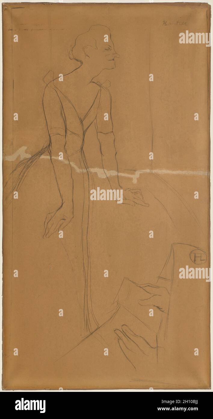 Yvette Guilbert, c. 1894. Henri de Toulouse-Lautrec (French, 1864-1901). Black crayon; framed: 135.2 x 73 cm (53 1/4 x 28 3/4 in.).  This drawing depicts Yvette Guilbert, a popular Parisian cabaret performer who was the subject of numerous prints, posters, drawings, and paintings by Henri de Toulouse-Lautrec. Here, Lautrec began to work out the composition of a poster that Guilbert commissioned from him to publicize her upcoming season at Les Ambassadeurs, a popular night club. A more finished study is part of the collection of the Musée Toulouse-Lautrec in Albi, France, but the poster itself Stock Photo