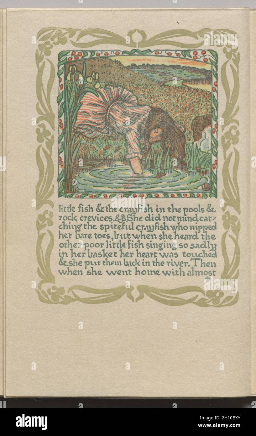 The Queen of the Fishes: Plate 4, 1894. Lucien Pissarro (British, 1863-1944). Color woodcut; book page: 19.2 x 13.3 cm (7 9/16 x 5 1/4 in.).  Pissarro, son of the French Impressionist artist Camille Pissarro, moved to England in 1890. By 1894 he and his wife, Esther Bensusan Pissarro, had bought a printing press and established the Eragny Press. Influenced by William Morris, they were involved in every step of the production process: designing, cutting the woodblocks, setting type, and printing. The first book published by Ergany Press, The Queen of the Fishes, is based on an old fairy tale in Stock Photo