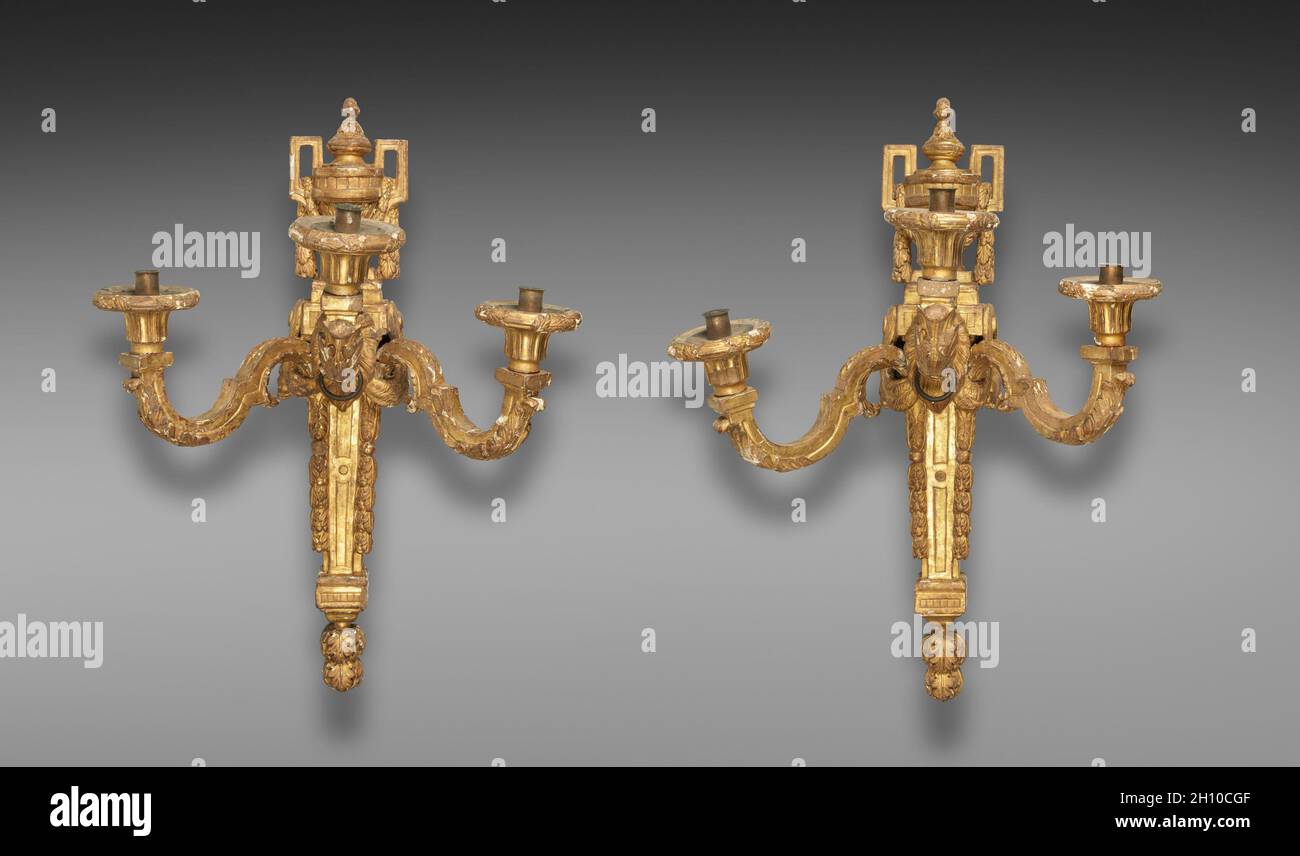 Pair of Candle Brackets, c. 1765-1775. After a design by Jean Charles Delafosse (French, 1734-1789). Carved and gilded wood; part 1: 88.3 x 62.3 x 47.6 cm (34 3/4 x 24 1/2 x 18 3/4 in.); part 2: 89.2 x 63.5 x 45.1 cm (35 1/8 x 25 x 17 3/4 in.). Stock Photo