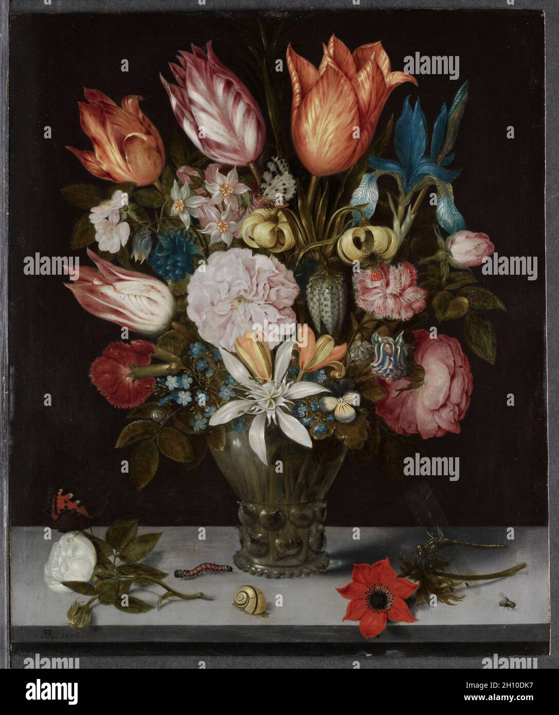 Flowers in a Glass, 1606. Ambrosius Bosschaert (Dutch, 1573-1621). Oil on copper; framed: 60.3 x 52.8 x 6.4 cm (23 3/4 x 20 13/16 x 2 1/2 in.); unframed: 35.6 x 29.3 cm (14 x 11 9/16 in.). Stock Photo