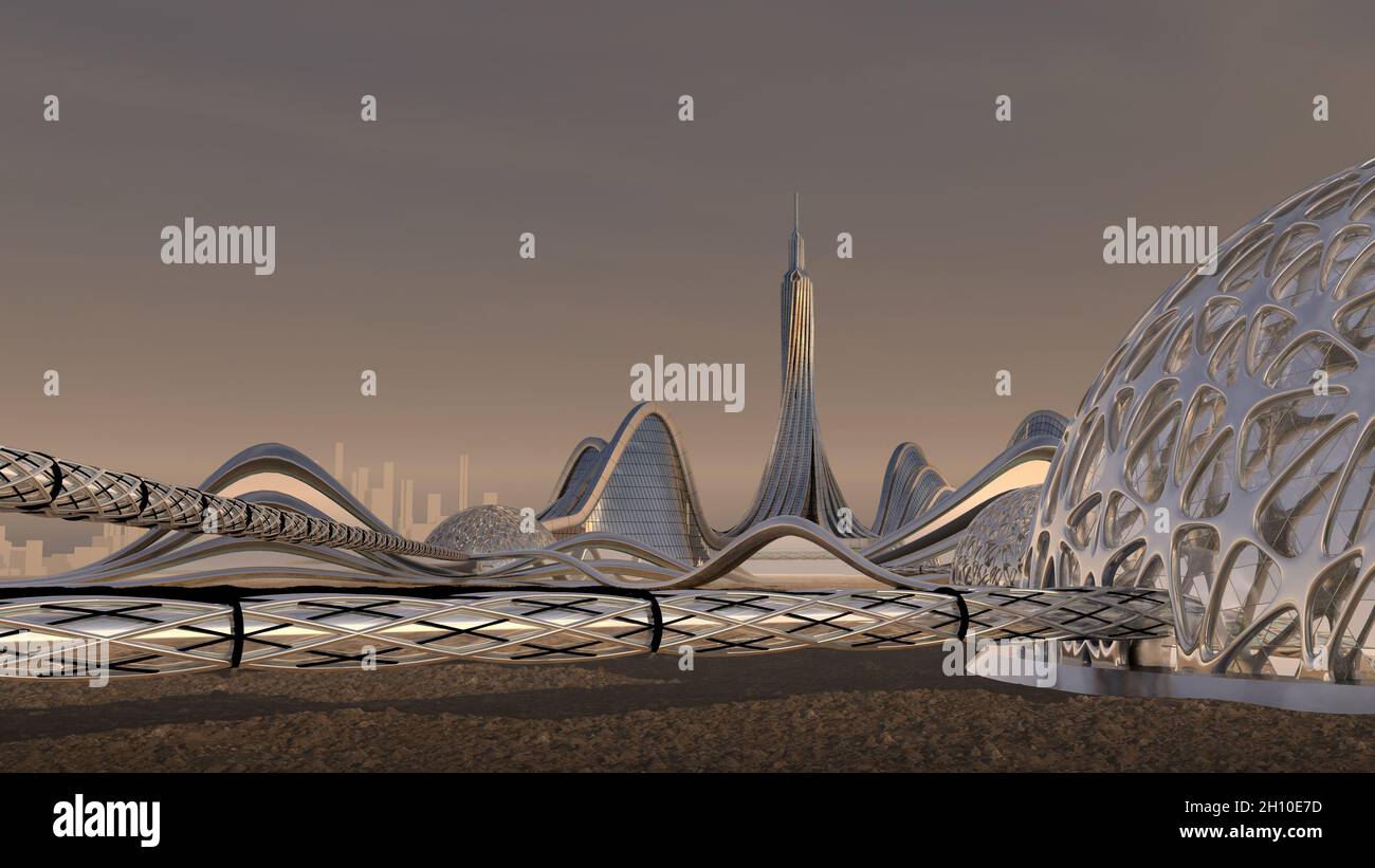 City skyline 3d rendering with futuristic, metallic architecture, isolated on black with the clipping path included in the file for space exploration Stock Photo