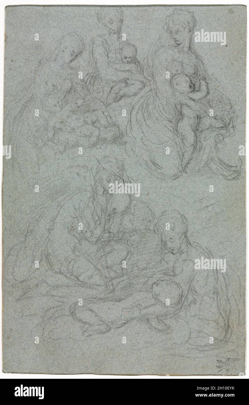 Sketches of Virgin and Child, 1550–1600. Giulio Campi (Italian, c. 1500-1572). Black chalk; framing lines in traces of gold ink; sheet: 20.3 x 13.4 cm (8 x 5 1/4 in.). Stock Photo