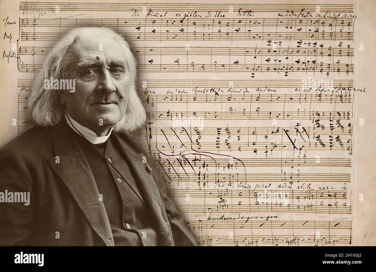 Portrait of Franz Liszt, 1811-1886, Hungarian composer, virtuoso pianist, photograph  by Nadar, Psalm XVIII, Die Himmel erzählen die Ehre Gottes, manuscript in Liszt's handwriting Stock Photo