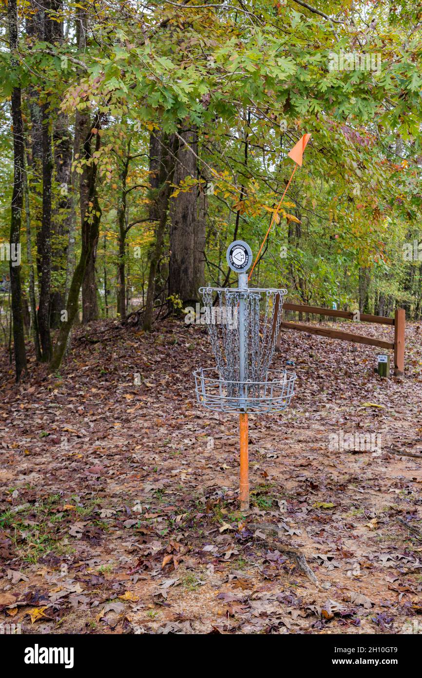 Disc golf basket on the course at Tombigbee State Park near Tupelo