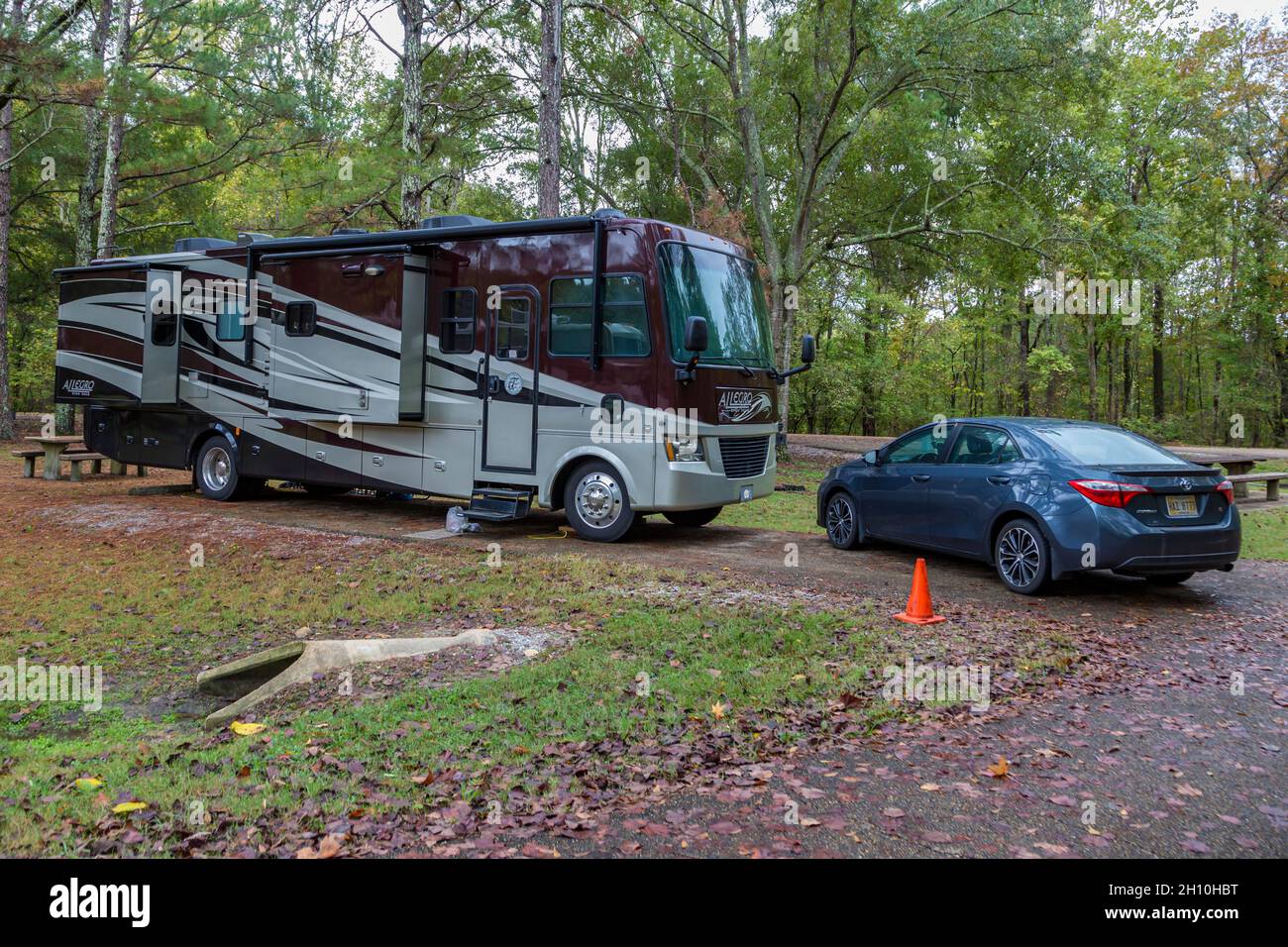 Tiffin Allegro Open Road class A motorhome in the campground at Tombigbee State Park near Tupelo, Mississippi Stock Photo