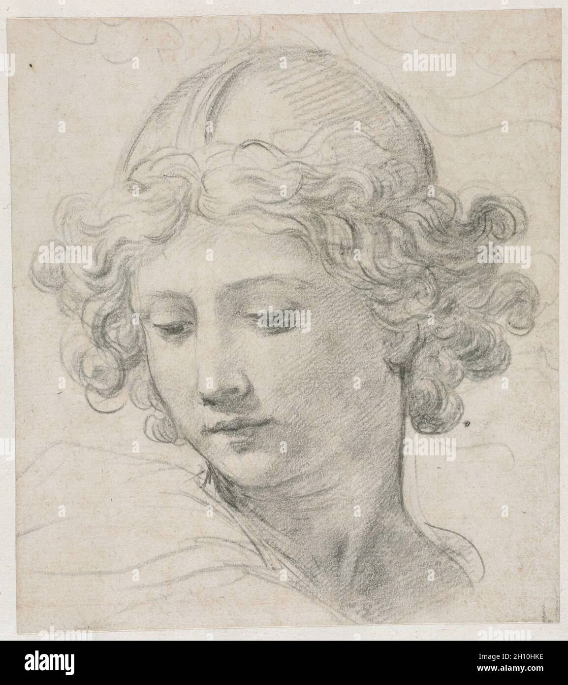Study for the Head of St. Michael, 1633. Pietro da Cortona (Italian, 1596-1669). Black chalk; sheet: 19 x 16.8 cm (7 1/2 x 6 5/8 in.); secondary support: 31.9 x 27.6 cm (12 9/16 x 10 7/8 in.). Stock Photo