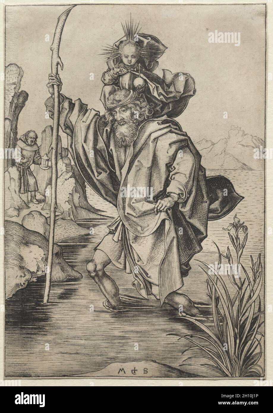 St. Christopher, 1475-80. Martin Schongauer (German, c.1450-1491). Engraving; image: 16.1 x 11.2 cm (6 5/16 x 4 7/16 in.); sheet: 16.1 x 11.2 cm (6 5/16 x 4 7/16 in.). Stock Photo