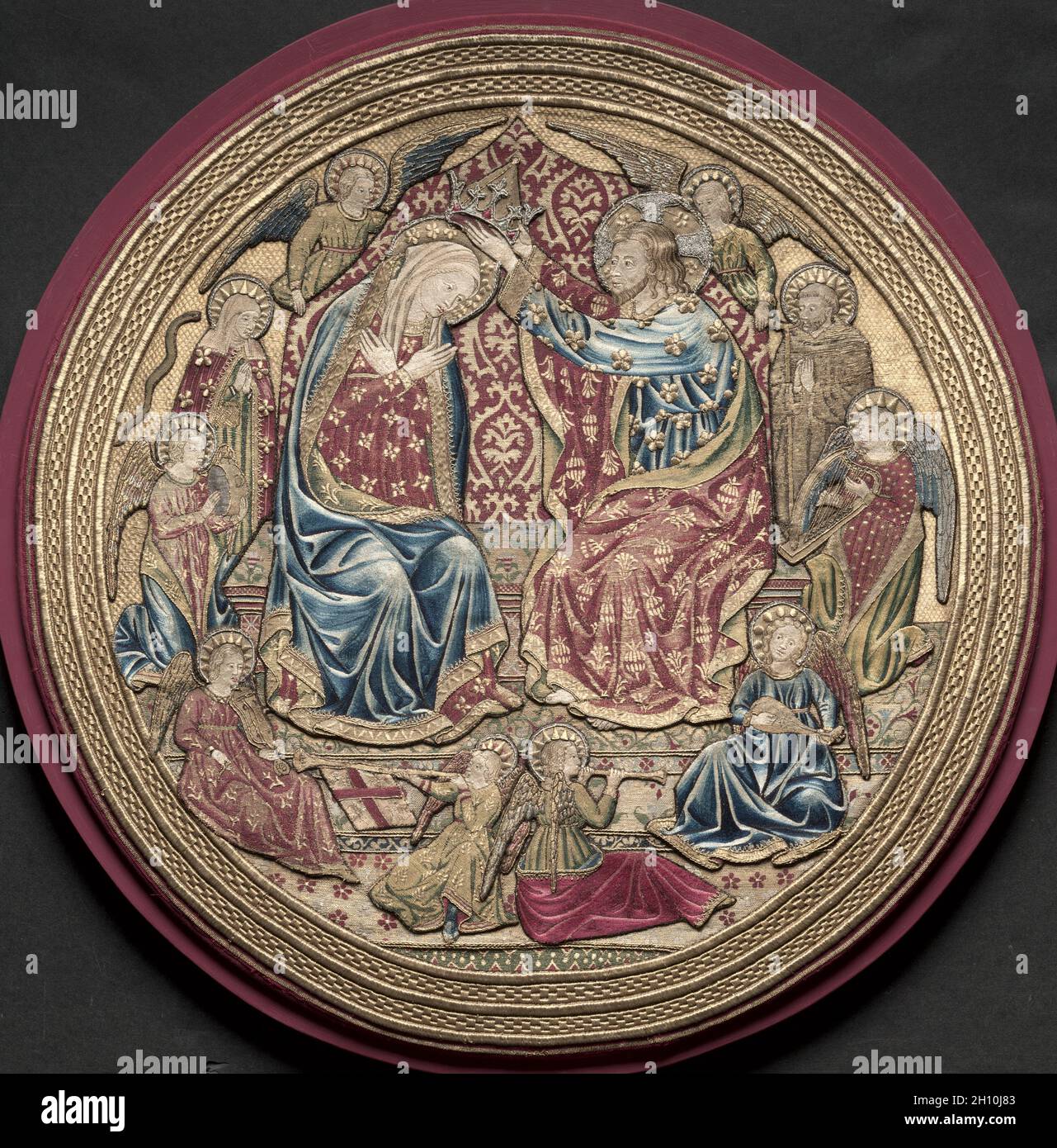 Embroidered Tondo from an Altar Frontal: The Coronation of the Virgin, 1459. Italy, Florence. Embroidery with gold, silver, and silk thread; split, satin, and couching stitches, or nué (shadedgold); overall: 57.8 x 57.8 cm (22 3/4 x 22 3/4 in.). Stock Photo