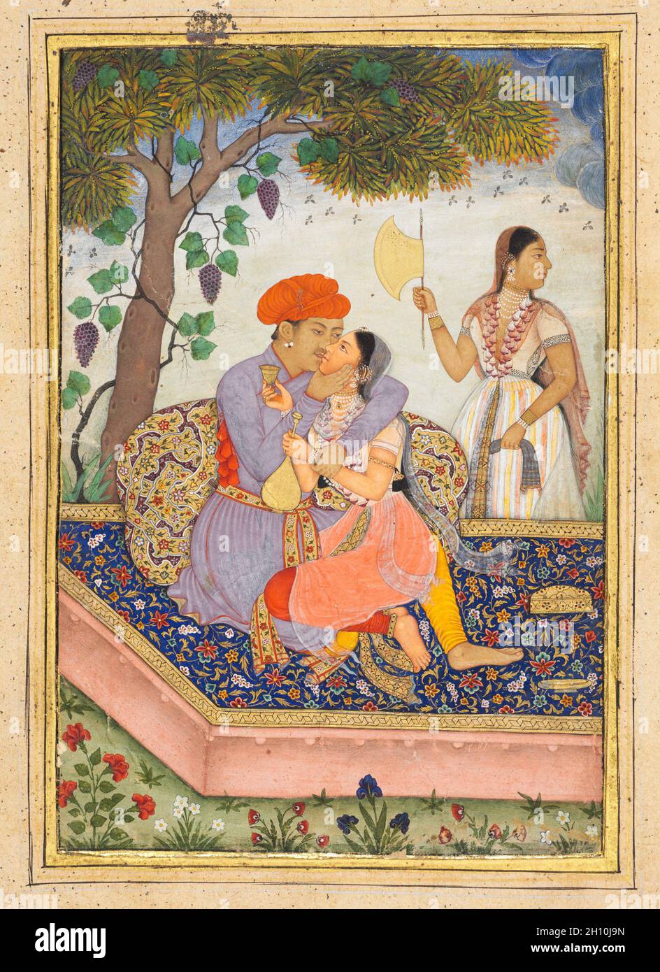 Lovers Embracing, c. 1630. India, Popular Mughal School, probably done at Bikaner, Mughal Dynasty (1526-1756). Opaque watercolor and gold on paper; image: 14.9 x 10.1 cm (5 7/8 x 4 in.); overall: 24 x 16.8 cm (9 7/16 x 6 5/8 in.); with mat: 35.5 x 25.4 cm (14 x 10 in.). Stock Photo