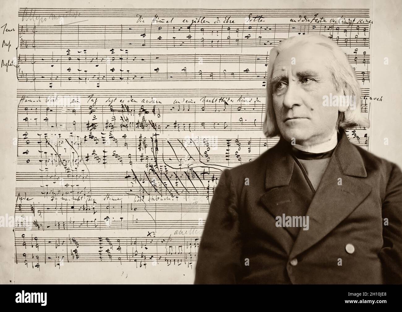 Portrait of Franz Liszt, 1811-1886, Hungarian composer, virtuoso pianist, Psalm XVIII, Die Himmel erzählen die Ehre Gottes, manuscript in Liszt's handwriting Stock Photo