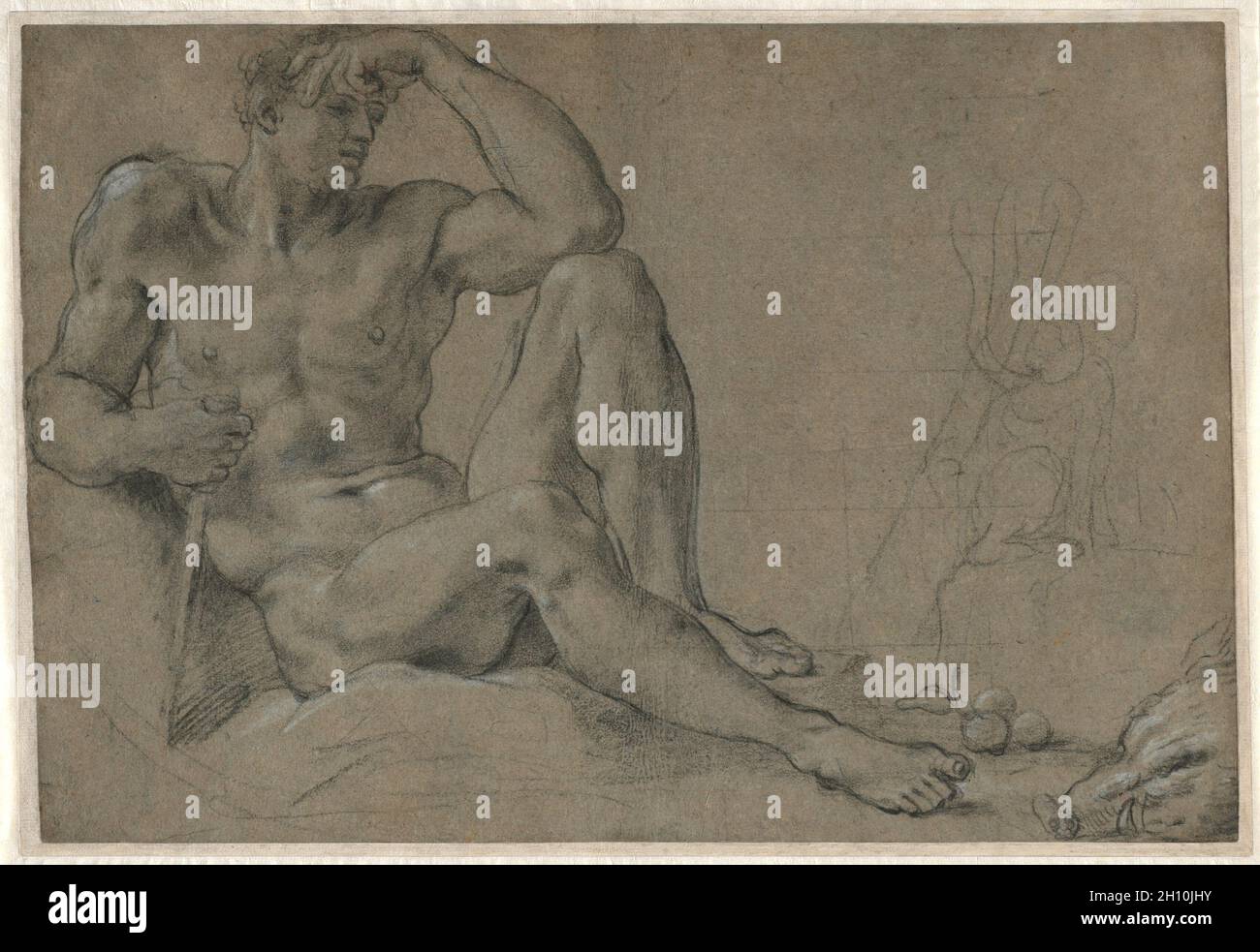 Hercules Resting (recto), 1595–97. Annibale Carracci (Italian, c. 1560-1609). Black chalk heightened with white, squared in black chalk on right, incised (edges of figure); sheet: 35.5 x 52.4 cm (14 x 20 5/8 in.); secondary support: 36.6 x 53.3 cm (14 7/16 x 21 in.); tertiary support: 38.3 x 55 cm (15 1/16 x 21 5/8 in.). Stock Photo