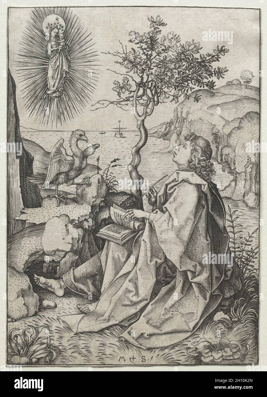 St. John the Evangelist on the Isle of Patmos, 1475-80. Martin Schongauer (German, c.1450-1491). Engraving; image: 16 x 11.3 cm (6 5/16 x 4 7/16 in.); sheet: 16 x 11.3 cm (6 5/16 x 4 7/16 in.). Stock Photo