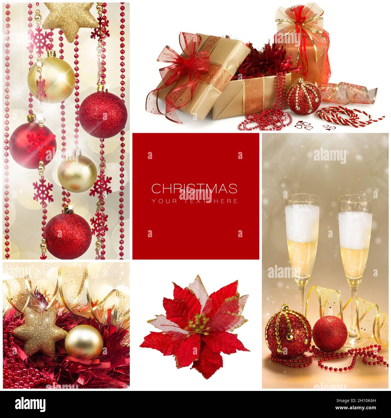 Christmas Set. Winter Holiday Gifts. Collage with golden and red details of Christmas and New Year . Five images with sample text. Merry Christmas and Stock Photo