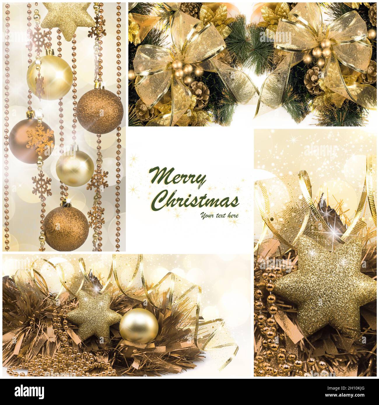 Christmas Set. Winter Holiday Gifts. Collage with Christmas decorations in gold and green. Four images with sample text. Merry Christmas and happy New Stock Photo