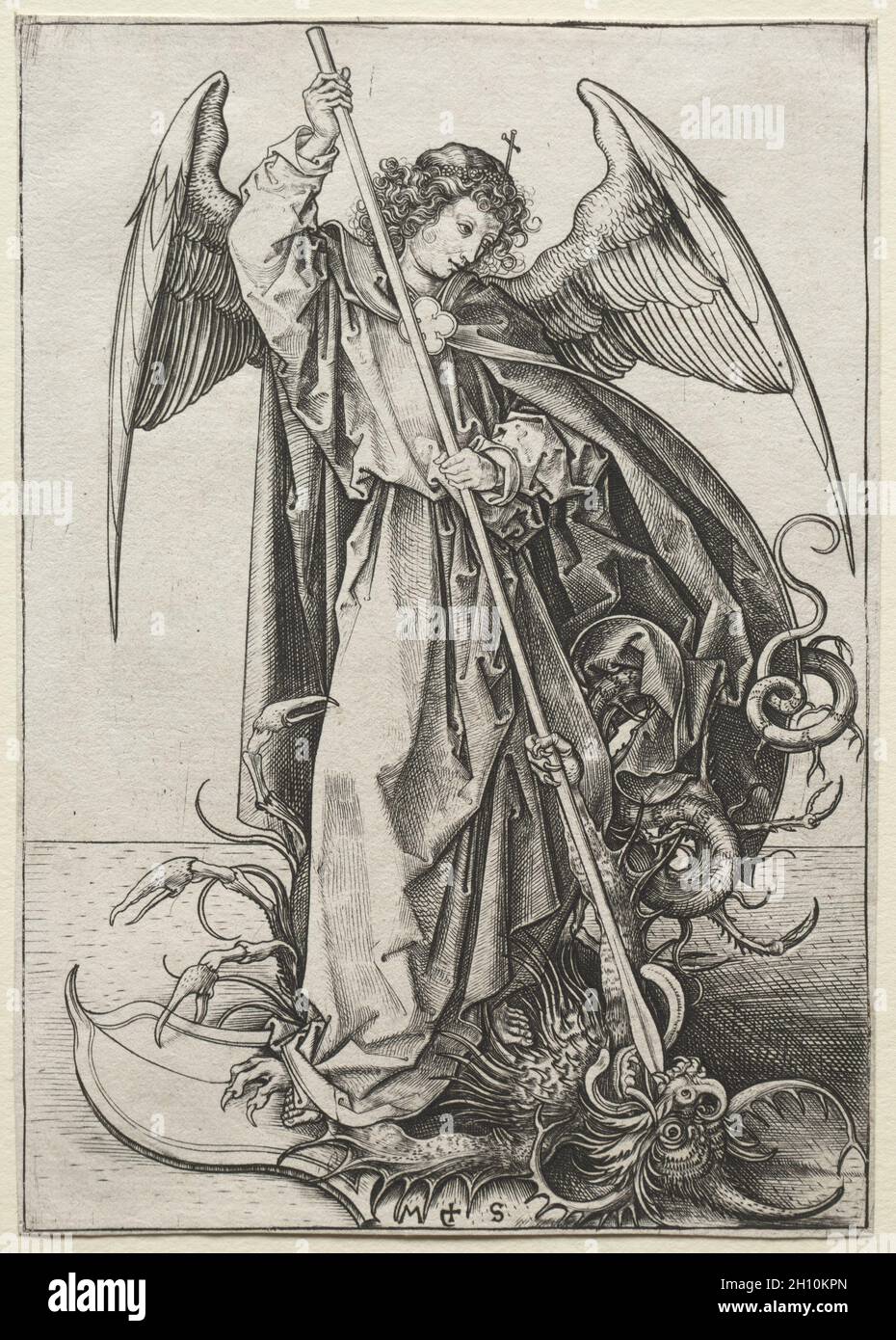 The Archangel Michael Piercing the Dragon, c. 1475. Martin Schongauer (German, c.1450-1491). Engraving; mat size: 49 x 36.3 cm (19 5/16 x 14 5/16 in.); platemark: 16.2 x 11.5 cm (6 3/8 x 4 1/2 in.). Stock Photo