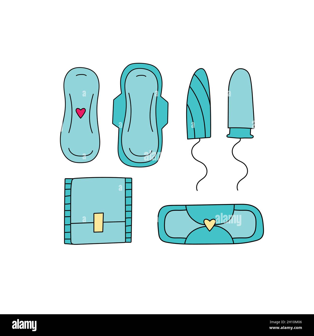 Feminine hygiene sanitary napkin and tampon. Set of hand drawn