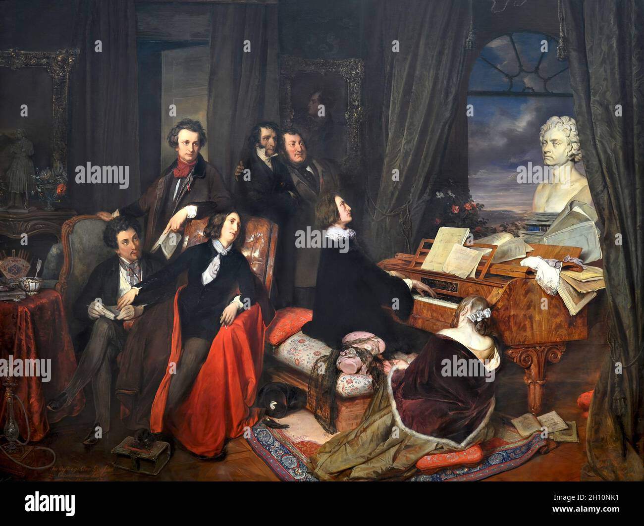 Franz Liszt at the Piano, by Josef Danhauser, 1840, with Alfred de Musset or Alexandre Dumas père, George Sand, Marie d'Agoult, Hector Berlioz or Victor Hugo; Niccolò Paganini, Gioachino Rossini, digitally optimized Stock Photo