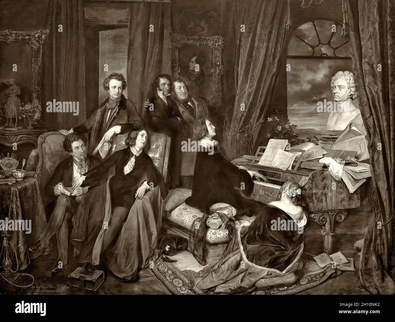 Franz Liszt at the Piano, by Josef Danhauser, 1840, with Alfred de Musset or Alexandre Dumas père, George Sand, Marie d'Agoult, Hector Berlioz or Victor Hugo; Niccolò Paganini, Gioachino Rossini, digitally optimized Stock Photo