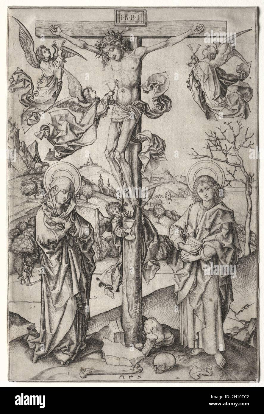 The Crucifixion with Four Angels, c. 1475. Martin Schongauer (German, c.1450-1491). Engraving; Stock Photo