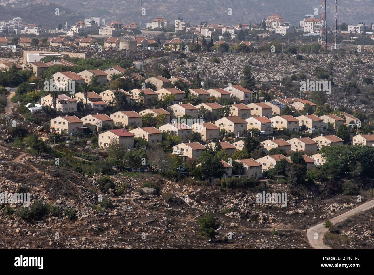 View 0f the Israeli settlement of Ofra situated in a mountain-range area in the northern West Bank, Israel Stock Photo