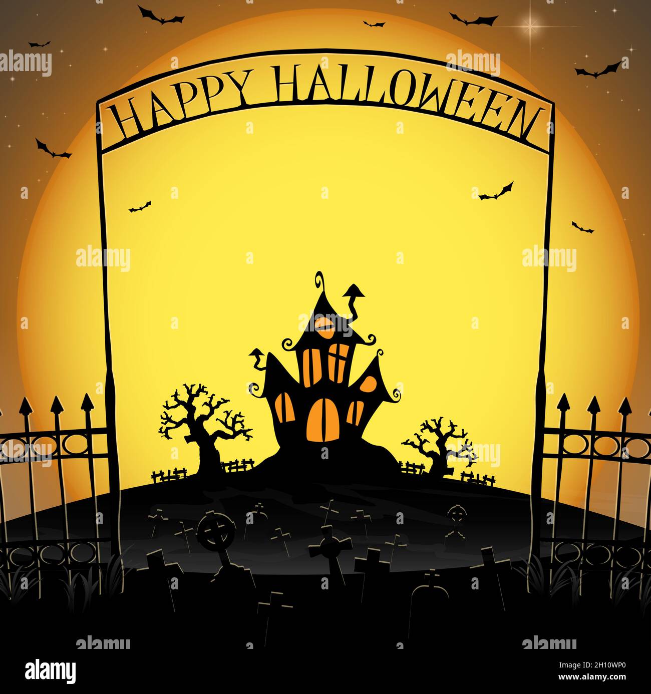 dark castle and cemetery in front of yellow full moon with fence and archway with 'Happy Halloween' letters and other scary illustrated elements for H Stock Vector
