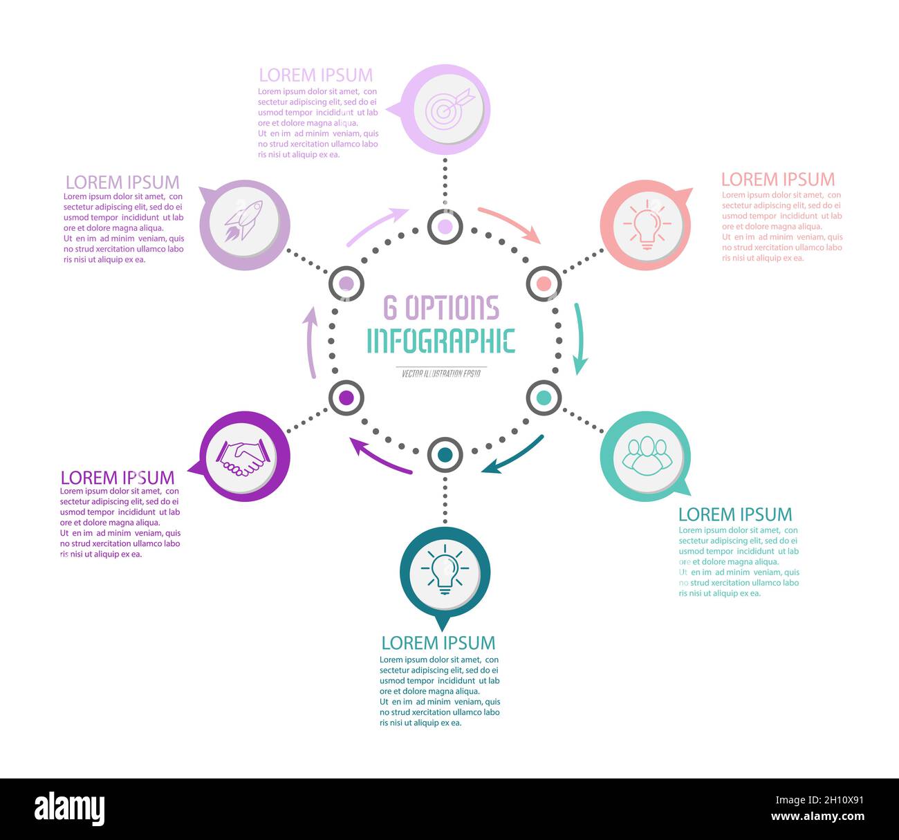Infographics with icons for business, Finance, project, plan, or marketing. 6 stages. Flat style. Stock Vector