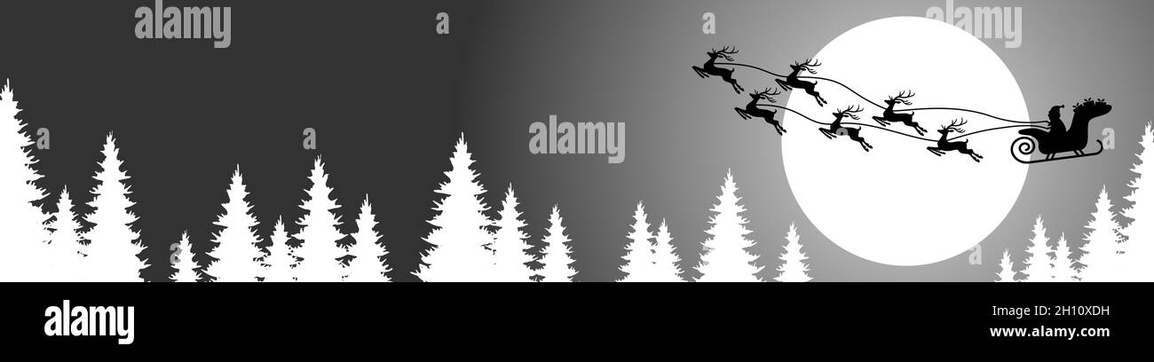 eps vector file showing a silhouette of Santa Claus with sled and reindeer over a forest with full moon, background colored gray Stock Vector