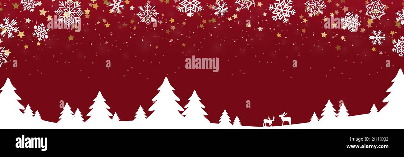 eps vector file showing a christmas panorama header with fall of snow and silhouette of forest trees, background colored red Stock Vector