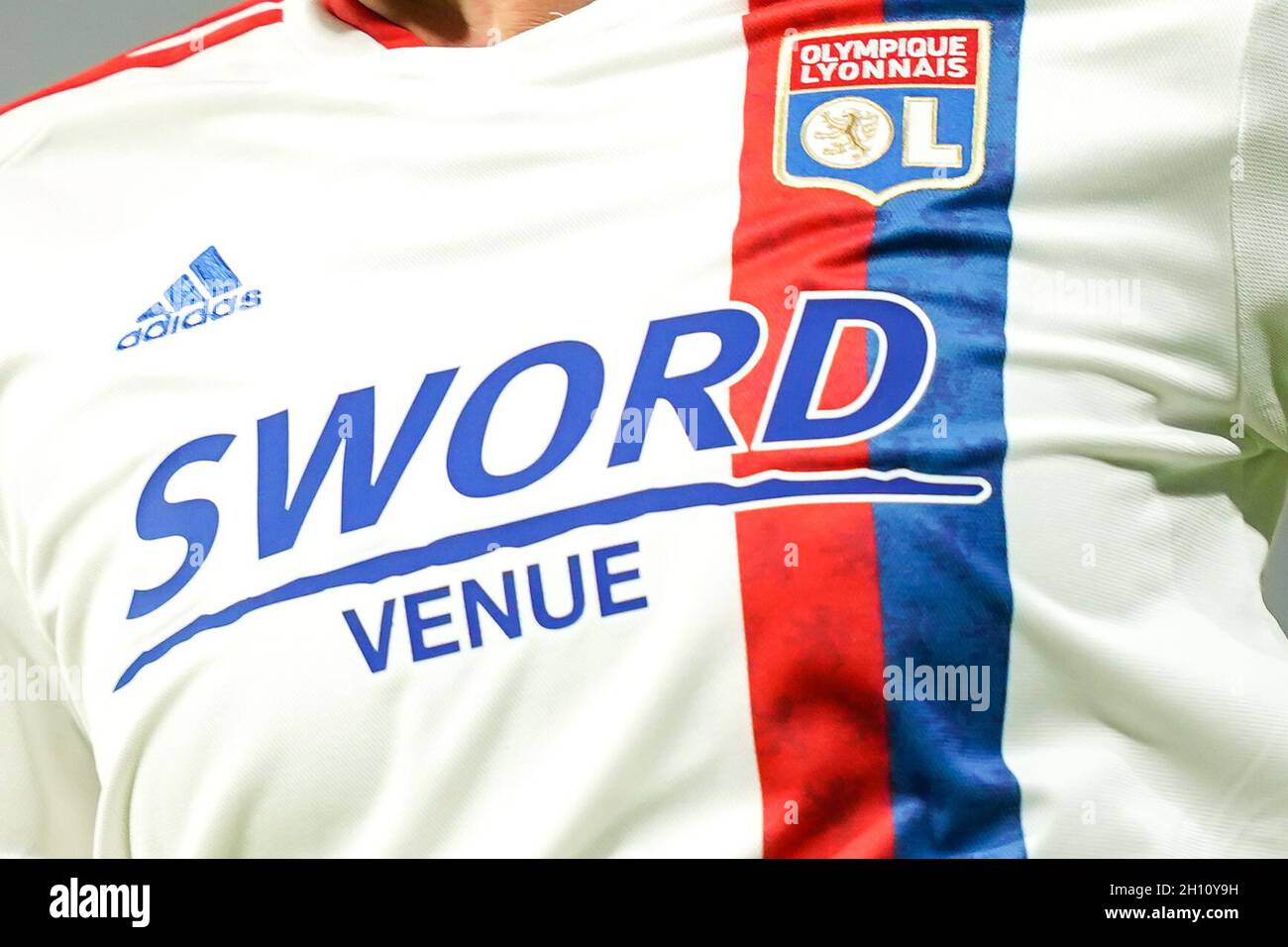 Lyon, France. 14th Oct, 2021. Olympique Lyonnais Shirt with logo (Sword and  Adidas) during the UEFA Womens Champions League Group stage round 2  football match between Olympique Lyonnais and SL Benfica at