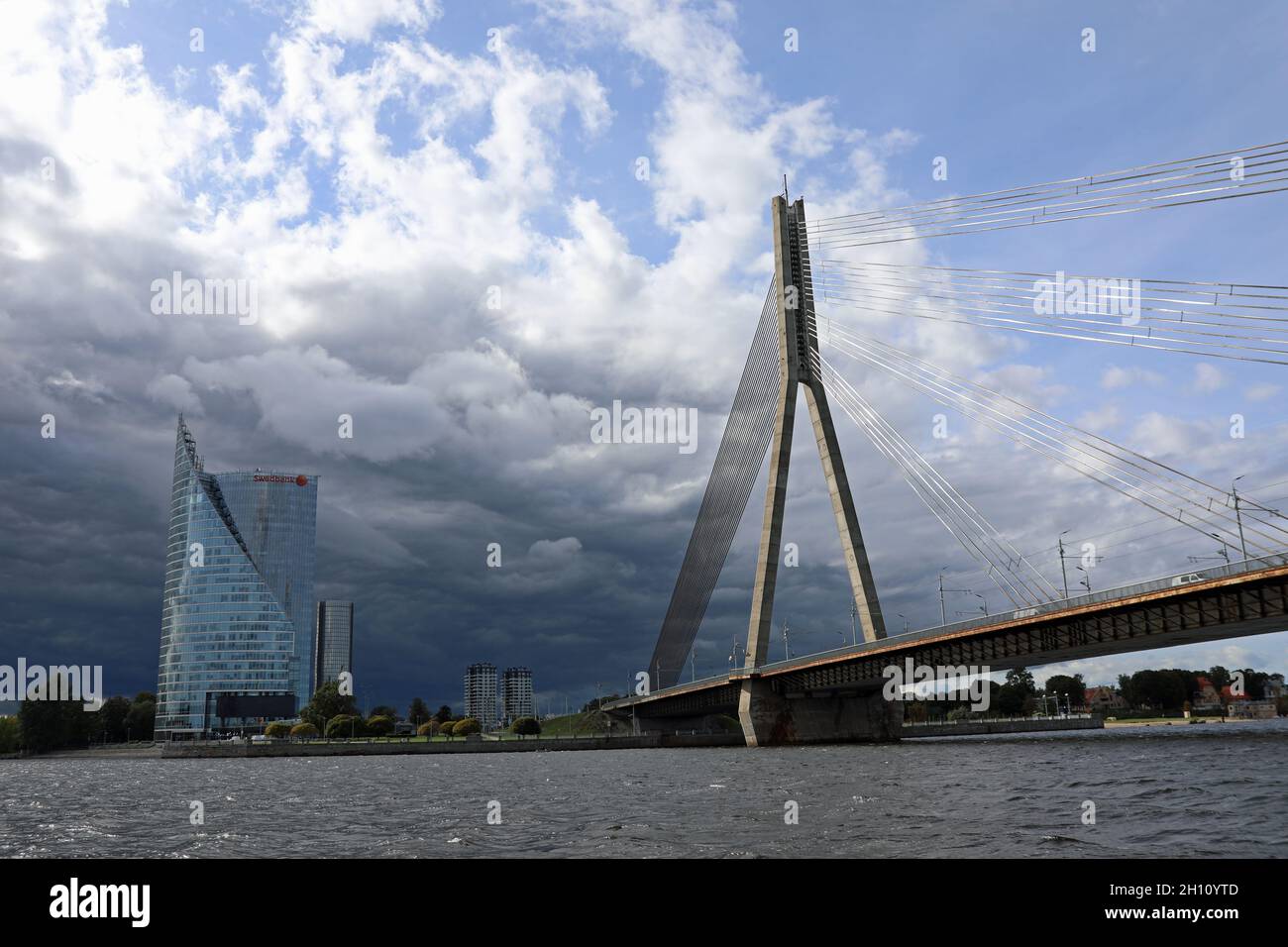Cable stayed Vansu Bridge at Riga in Latvia Stock Photo