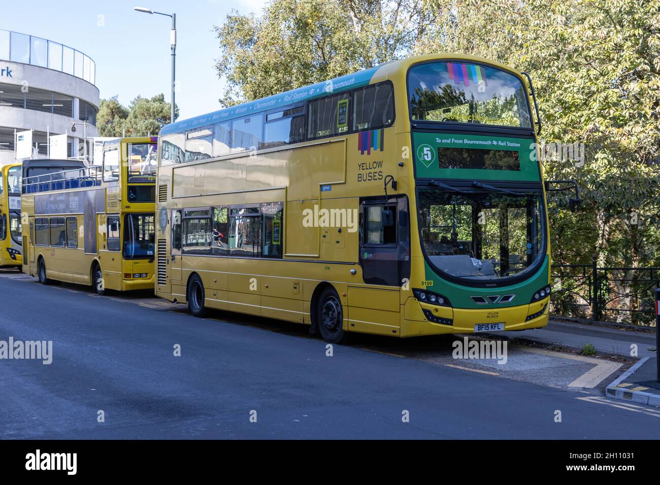 A 2015 Volvo B5TL, Reg No: BF15 KFL, parked in Gervis Place Bournemouth UK 29-09-2021. Stock Photo