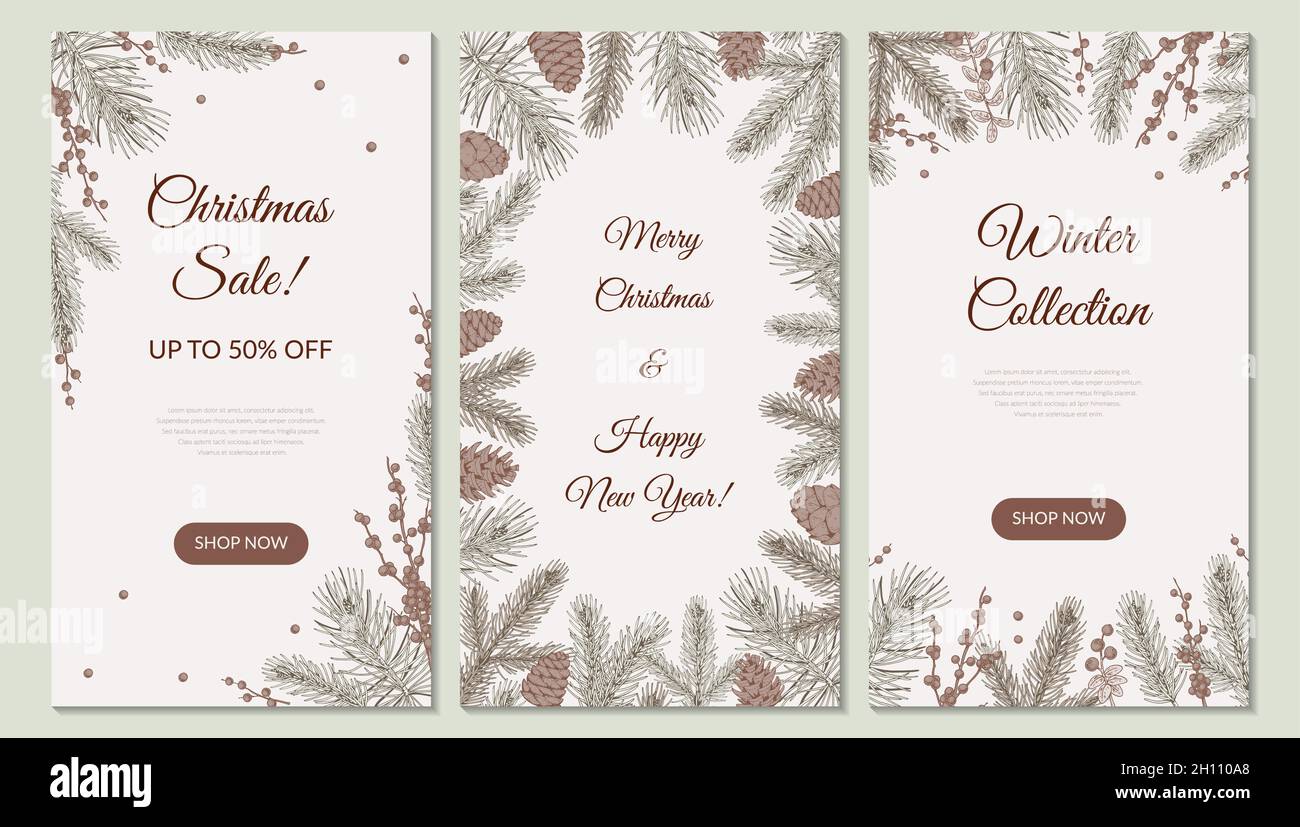 Set of vertical hand drawn Merry Christmas and Happy New Year designs ...