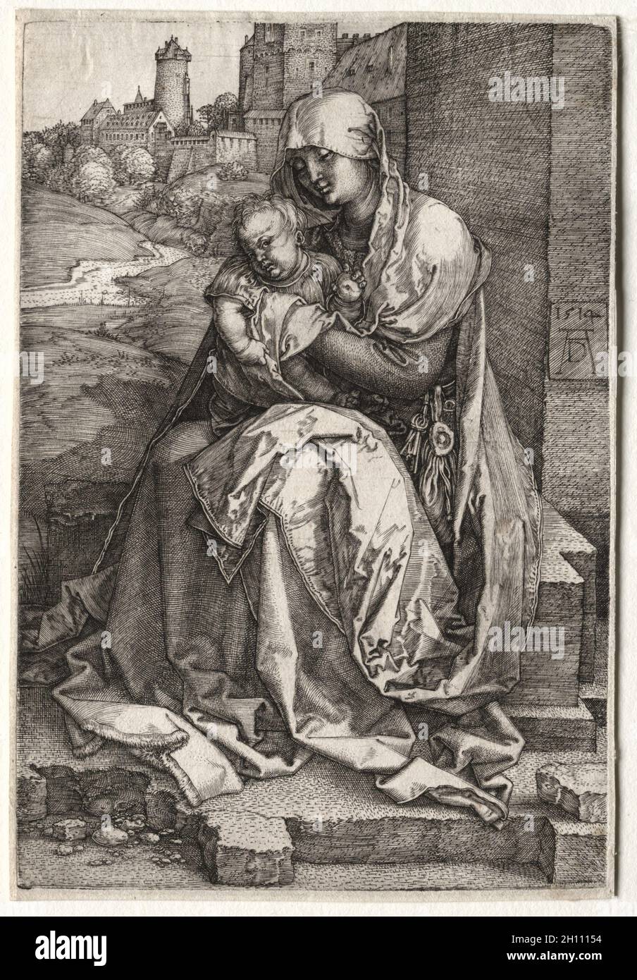 The Virgin and Child Seated by the Wall, 1514. Albrecht Dürer (German, 1471-1528). Engraving; platemark: 14.7 x 9.9 cm (5 13/16 x 3 7/8 in.); paper: 15 x 10.2 cm (5 7/8 x 4 in.). Stock Photo