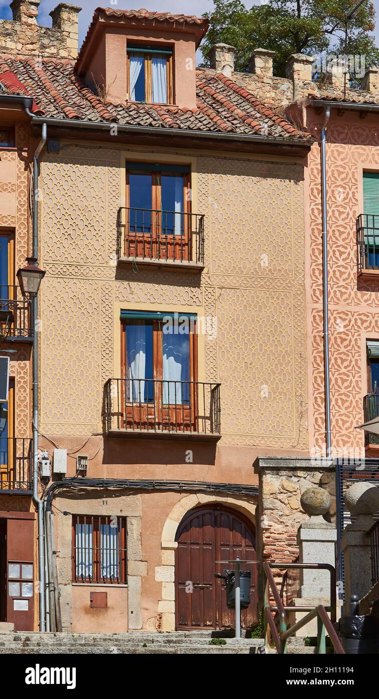 A Segovian facade decorated with, Sgraffito. Segovia, Spain. Stock Photo