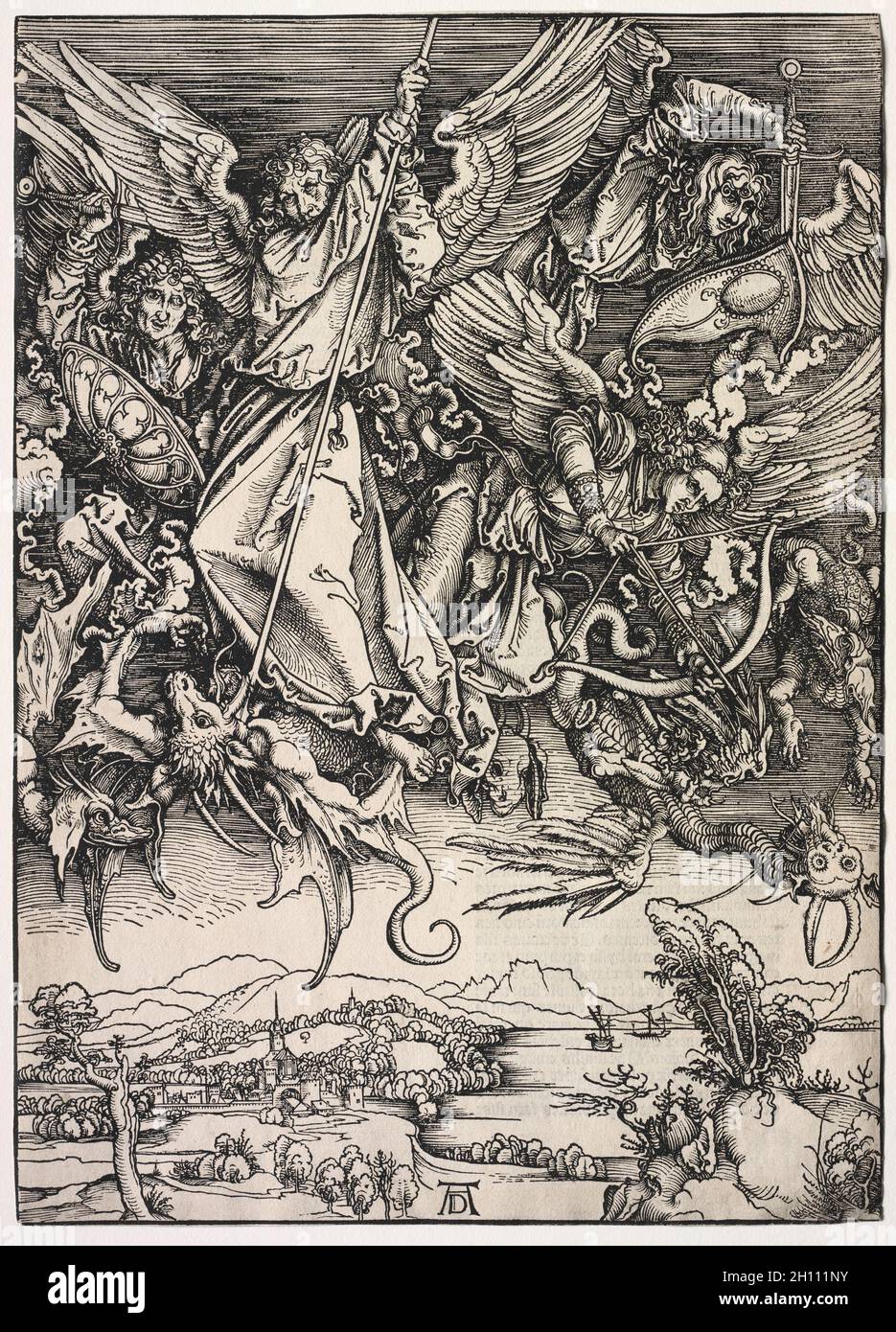 Revelation of St. John: St. Michael fighting the Dragon, 1511. Albrecht Dürer (German, 1471-1528). Woodcut; sheet: 39.2 x 28.2 cm (15 7/16 x 11 1/8 in.); mat size: 48.9 x 36.3 cm (19 1/4 x 14 5/16 in.). Stock Photo