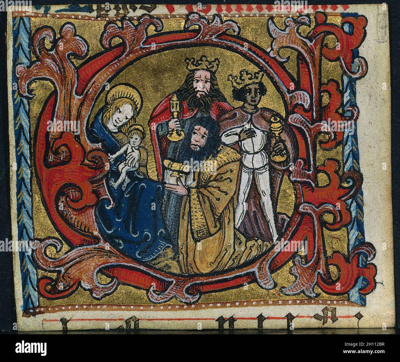 Three Cuttings from a Missal: Initial C with the Adoration of the Magi, c. 1470-1500. Germany, Franconia or Saxony (?) or Silesia (?), 15th century. Ink, tempera and gold on vellum; each leaf: 9.4 x 8 cm (3 11/16 x 3 1/8 in.). Stock Photo
