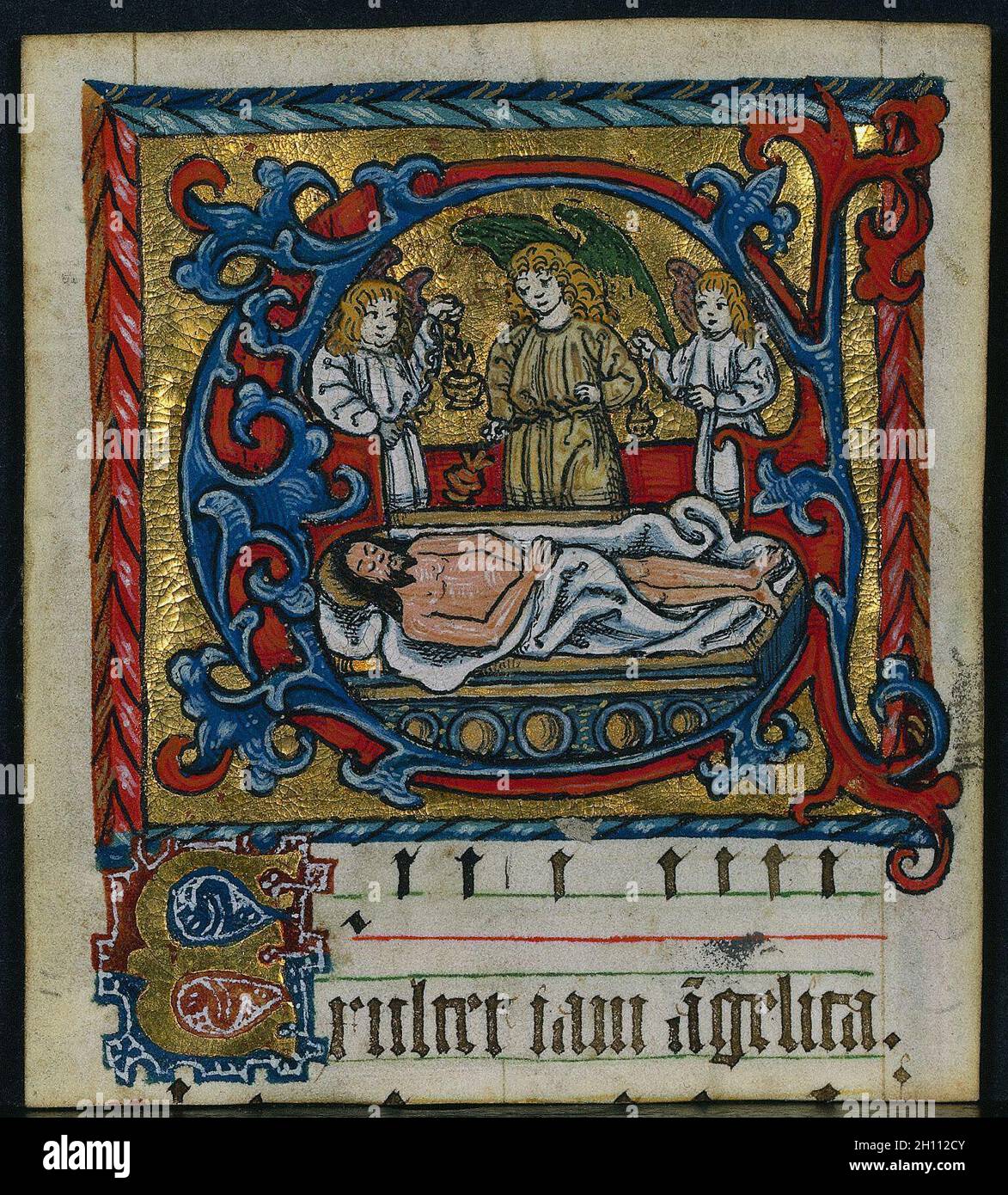 Three Cuttings from a Missal: Initial E with the Angels of the Entombment, c. 1470-1500. Germany, Franconia or Saxony (?) or Silesia (?), 15th century. Ink, tempera and gold on vellum; each leaf: 11 x 9.7 cm (4 5/16 x 3 13/16 in.). Stock Photo