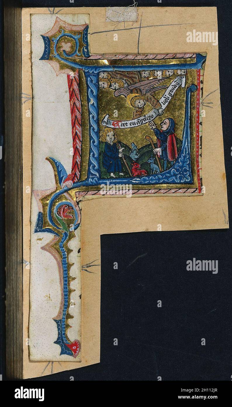 Three Cuttings from a Missal: Initial L with the Annunciation to the Shepherds, c. 1470-1500. Germany, Franconia or Saxony (?) or Silesia (?), 15th century. Ink, tempera and gold on vellum; each leaf: 17.6 x 9 cm (6 15/16 x 3 9/16 in.). Stock Photo