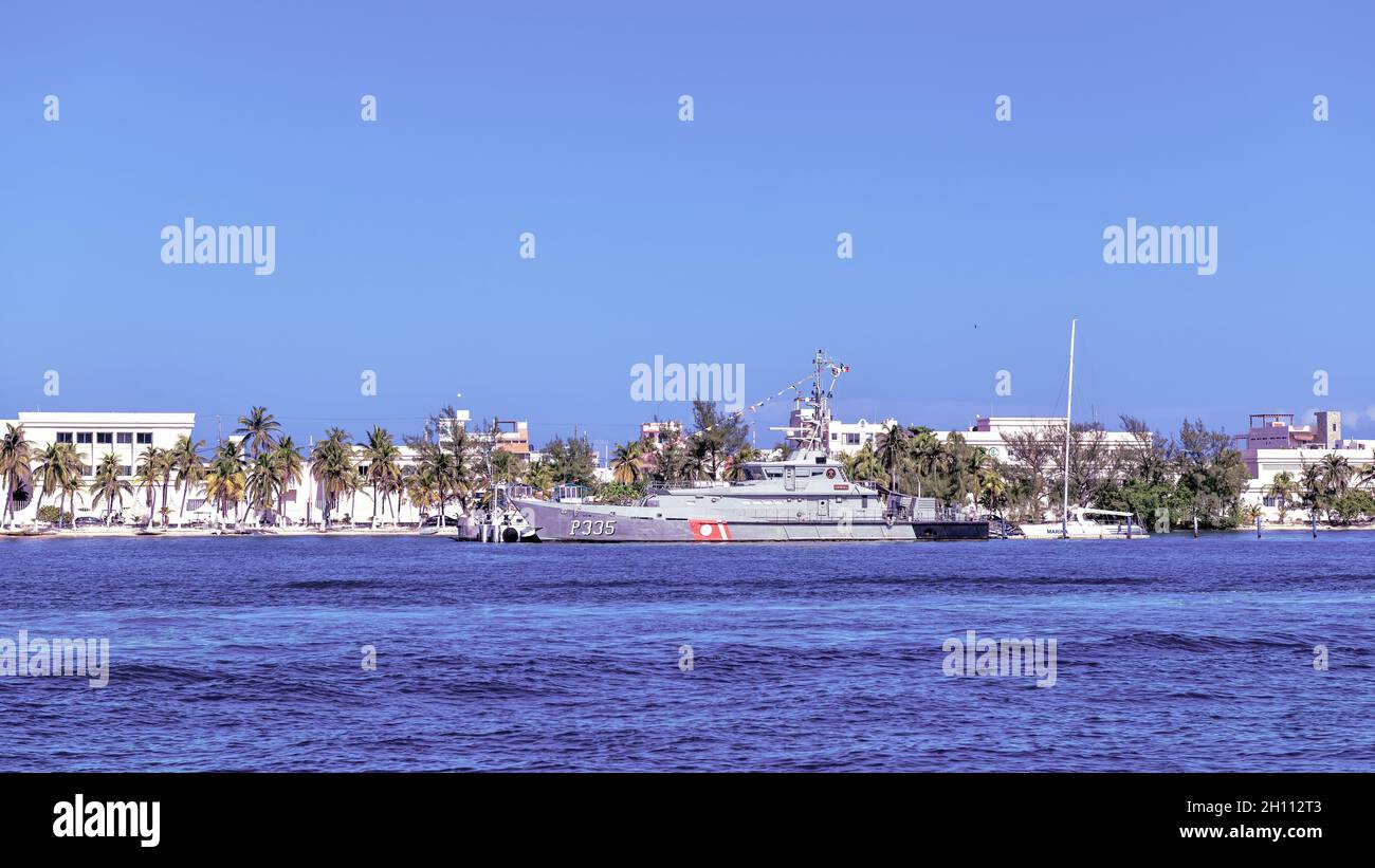 Coastguard ship in the coast of Isla Mujeres, Mexico Stock Photo