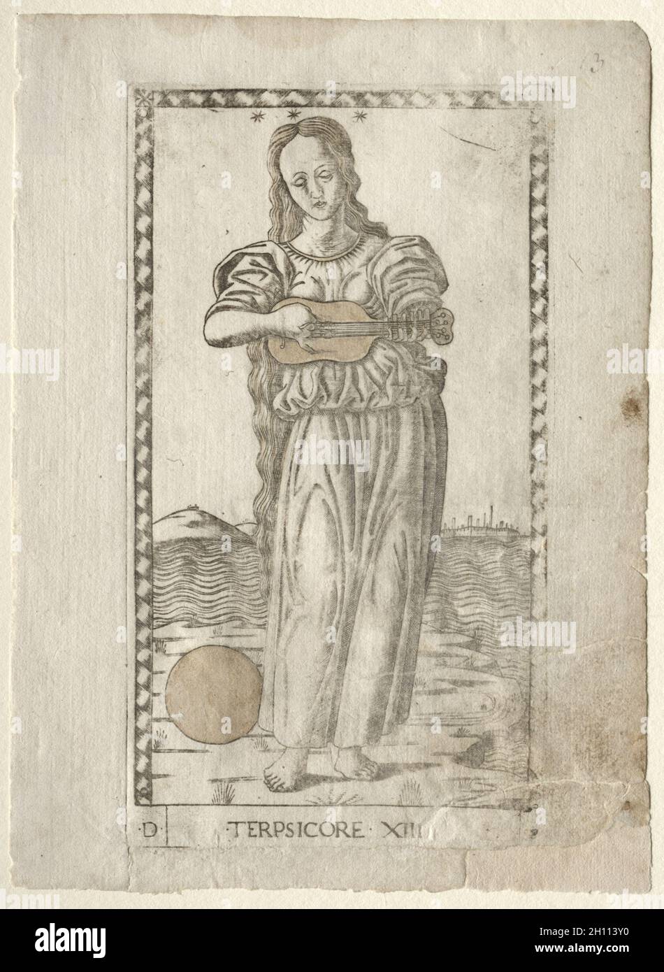 Terpsichore (dancing and song) (from the Tarocchi series D: Apollo and the Muses, #13), before 1467. Master of the E-Series Tarocchi (Italian, 15th century). Engraving; Stock Photo