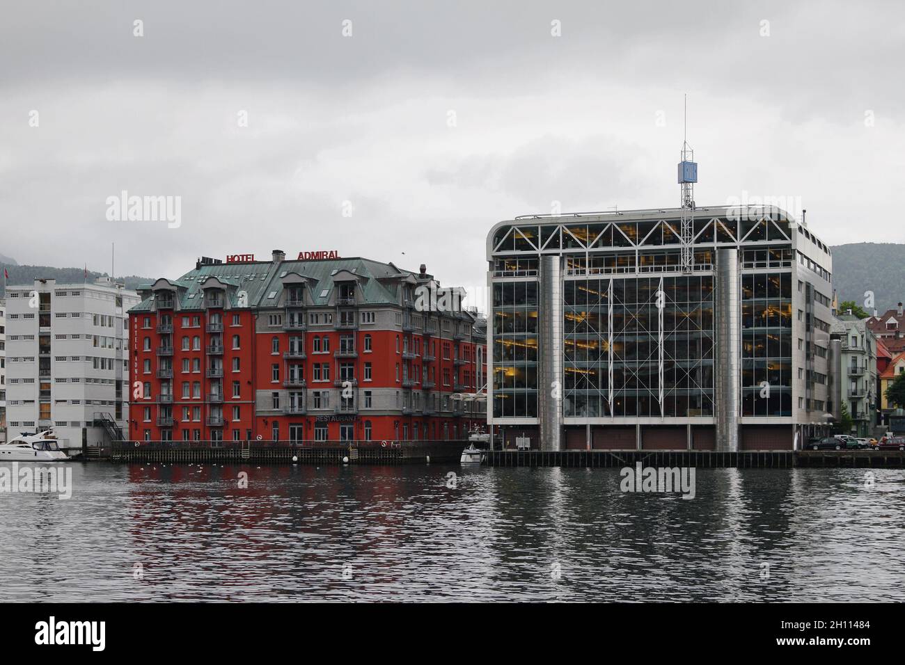 Bergen, Norway - Jun 13, 2012: Hotel and parking buildings on harbor Stock Photo