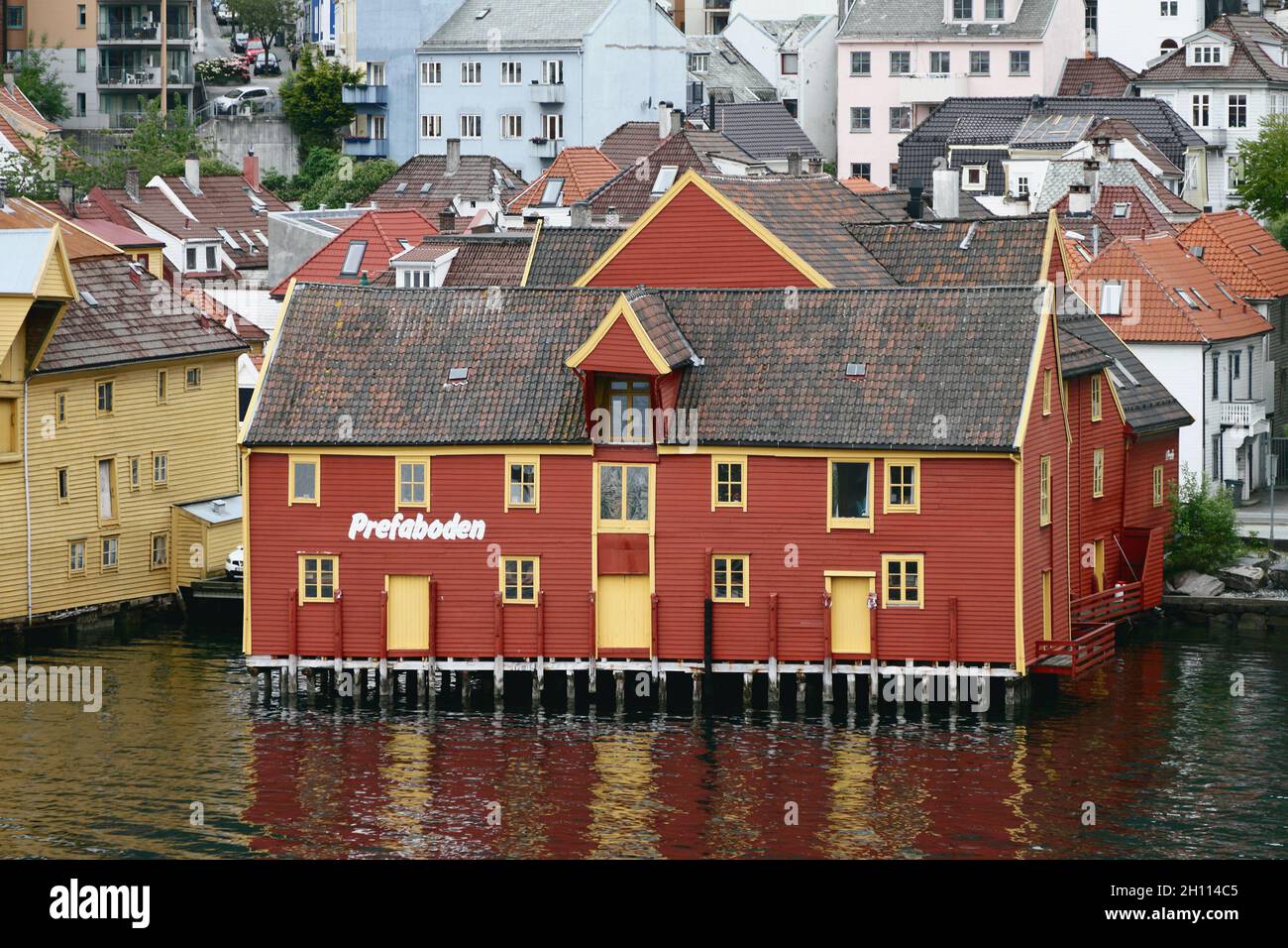 Bergen, Norway - Jun 13, 2021: Warehouse building in port Stock Photo