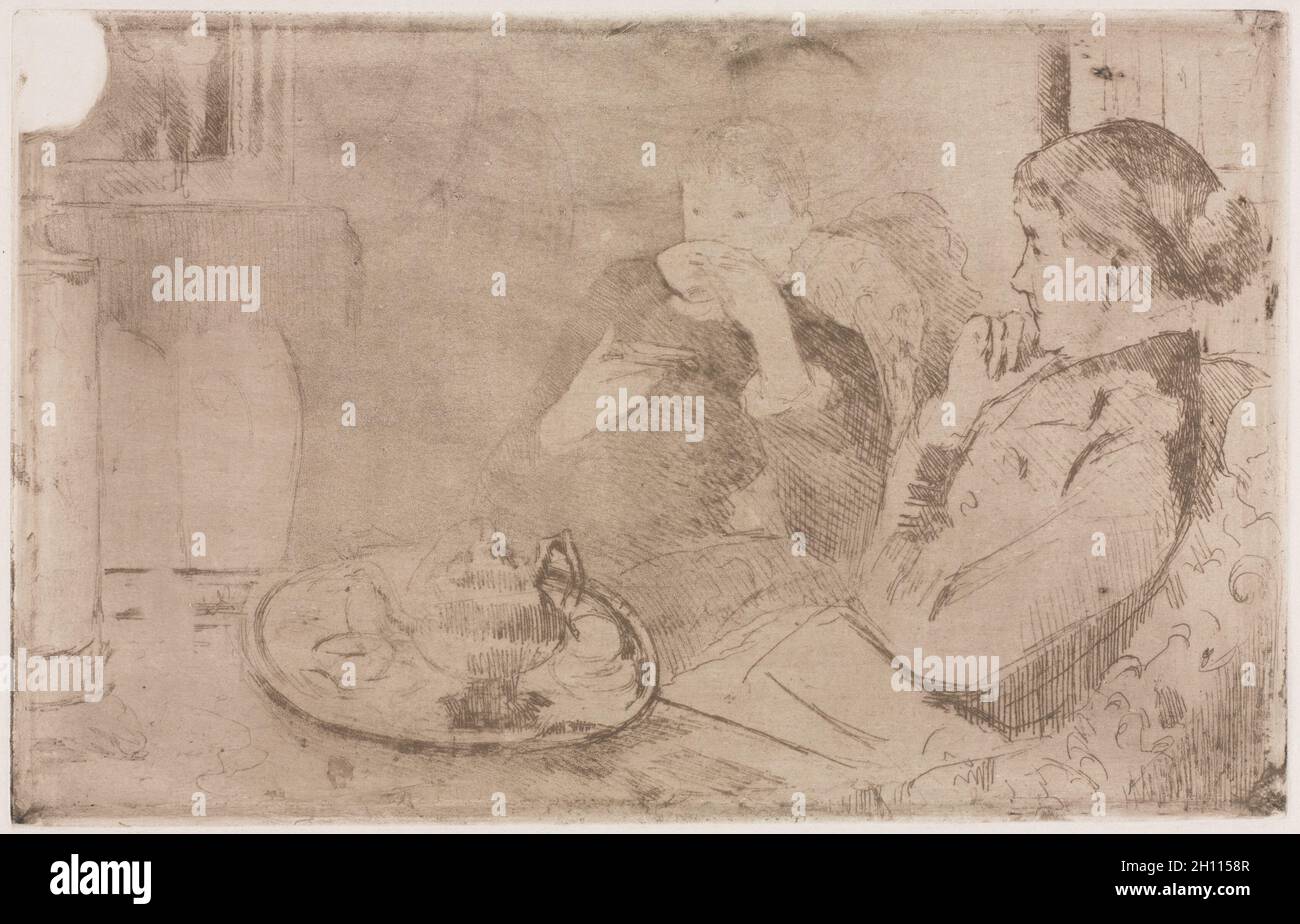 Lydia and her Mother at Tea, c. 1880. Mary Cassatt (American, 1844-1926). Softground etching and aquatint printed in brown; sheet: 27.5 x 36 cm (10 13/16 x 14 3/16 in.); platemark: 17.9 x 27.9 cm (7 1/16 x 11 in.). Stock Photo