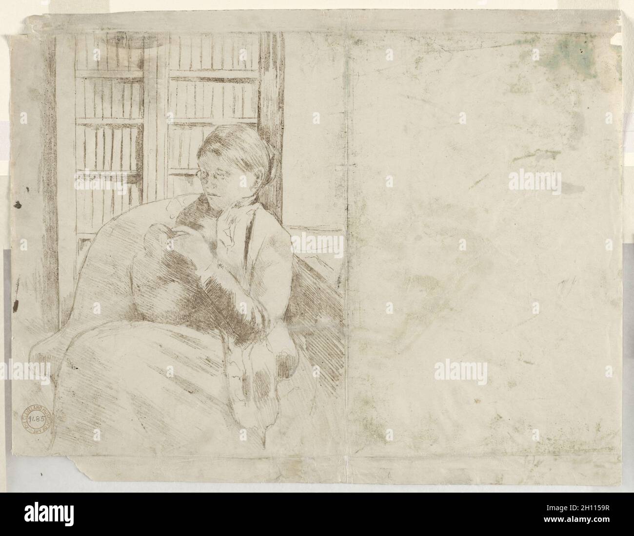 Knitting in the Library (verso), c. 1881. Mary Cassatt (American, 1844-1926). Soft ground lines transferred from etching plate; sheet: 31.3 x 40.1 cm (12 5/16 x 15 13/16 in.); image: 28 x 22 cm (11 x 8 11/16 in.). Stock Photo